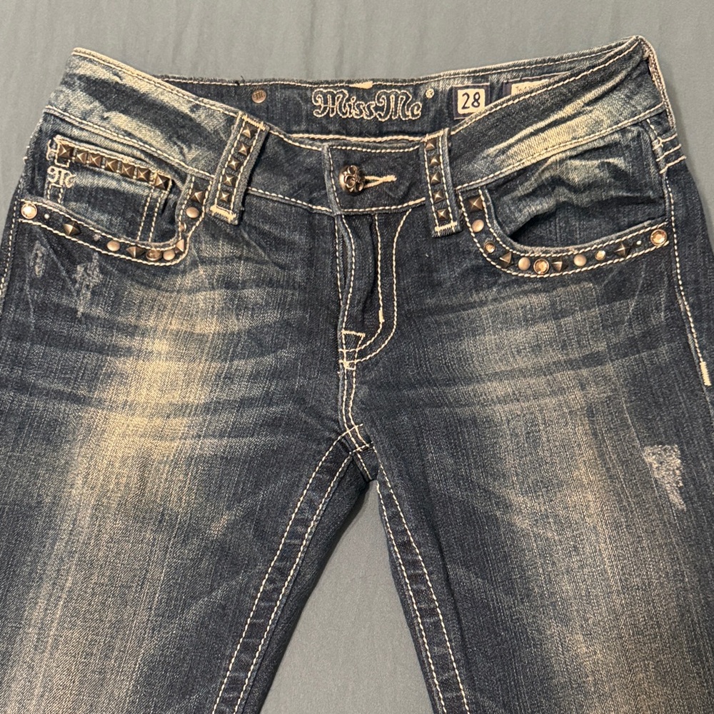 Miss Me Women's Distressed Boot Cut Jeans with Stud Trim - Blue